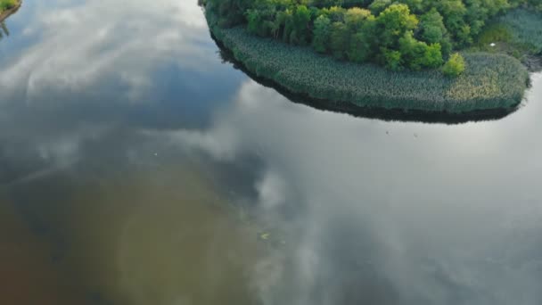 Вид с воздуха на красивый парк с деревьями и рекой, спальная зона с панорамой — стоковое видео
