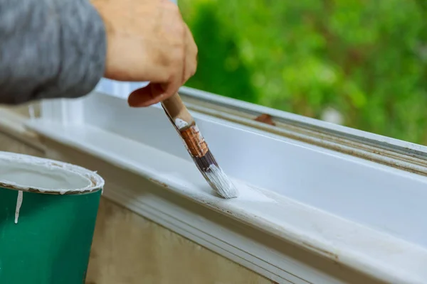 Painting Window Frame Trim Her Home White Color — Stock Photo, Image