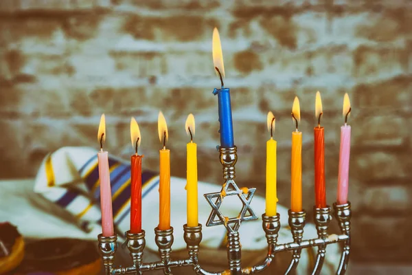 Närbild Stearin Smälter Channukah Hanukkah Den Judiska Festivalen Lights — Stockfoto