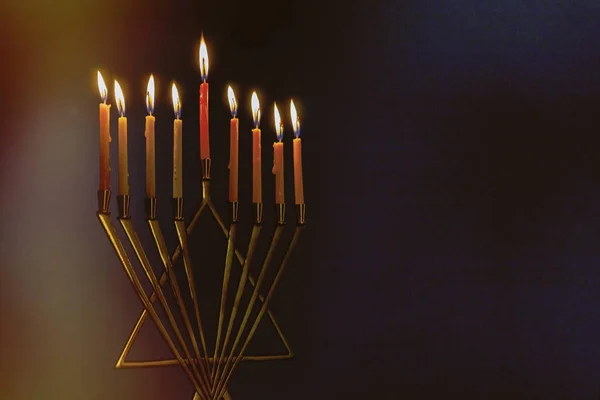 Menorah Colorful Burning Candles Hanukkah Light Blue Background Close — Stock Photo, Image