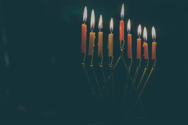 Joodse Feestdagen Hanukkah Met Menora Met Focus Menora Retro Filtereffect — Stockfoto