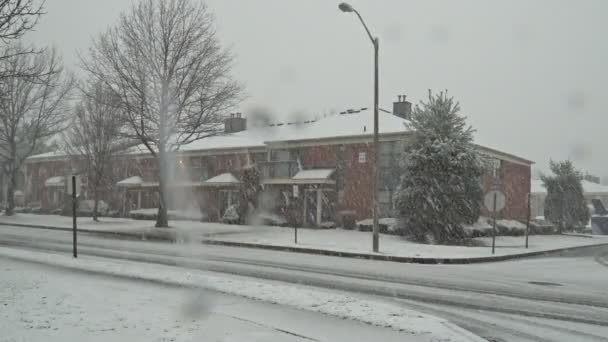 Neve cai em pequena aldeia em com árvores cobertas de neve — Vídeo de Stock