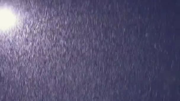 Nieve cae por la noche a la luz del farol — Vídeo de stock