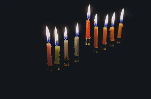 Färgglada Ljus Lite Traditionella Silver Hanukkah Menorah — Stockfoto