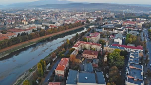 View of the city Uzhgorod, located in Transcarpathia over the Uzh River — Stock Video
