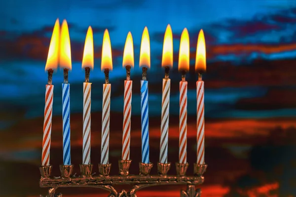 Jüdischen Feiertag Hannukah Symbole Menorah Kopierraum Hintergrund — Stockfoto