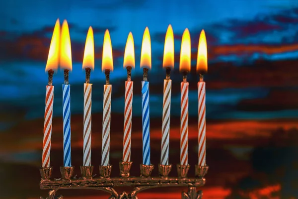 Fiesta Judía Hannukah Los Símbolos Menorah Copiar Espacio Fondo —  Fotos de Stock