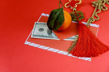 Bize dolar banknotlar ile kırmızı zarf içinde Çin yeni yılı