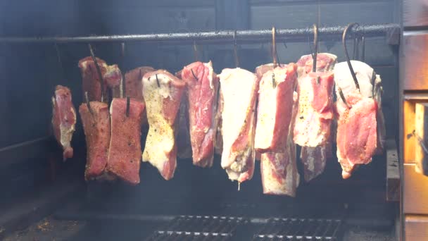 Carne fumada pendurada no congelador da loja esperando que a planta seja distribuída . — Vídeo de Stock