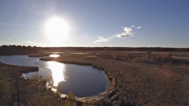 Природная сцена ландшафтного голубого озера и коричневого фона в осенний сезон — стоковое видео