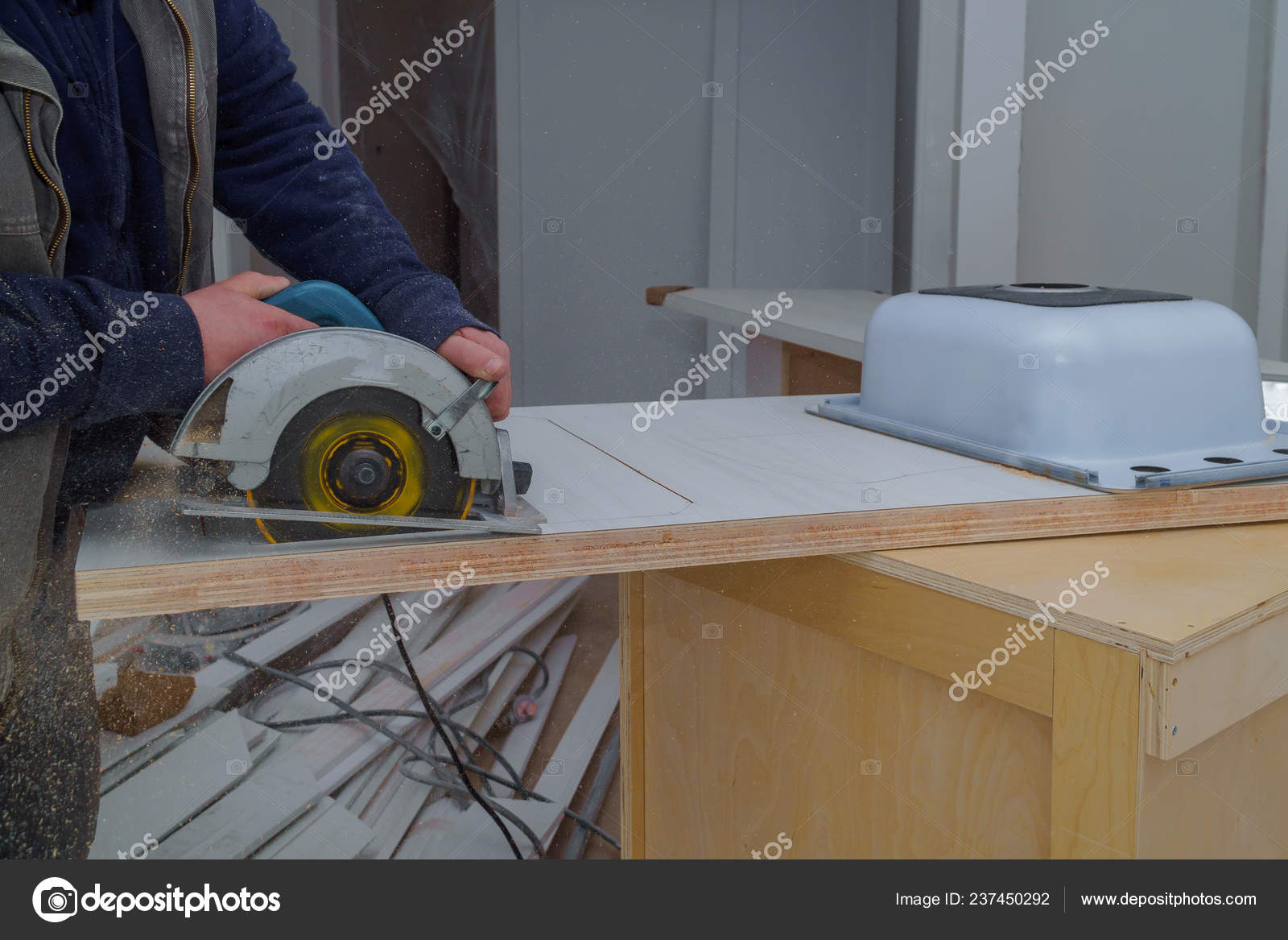 Contractor Cuts Laminate Kitchen Counter Top Sink Furniture