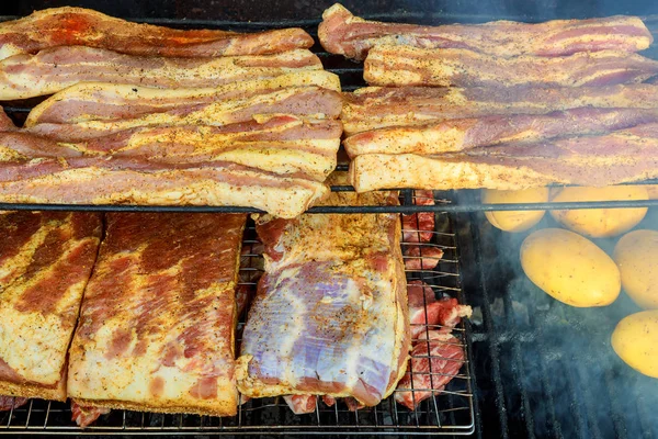 grilled pork ribs Ribs and steaks fry on the hot bbq