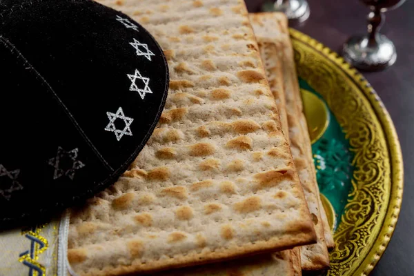 Passover Bread Holiday Jewish Matzoh Celebration Kipah — Stock Photo, Image