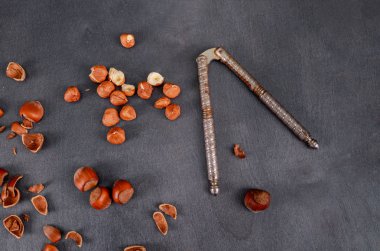 Fındık kabuğu Fındıkkıran ve topuz yakın çekim. Arka plan olarak fındık hasat kavramı