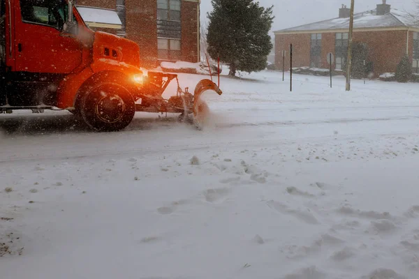 Snow Municipal Works Crews Tractor Cleaning Road Winter Time — Stock Photo, Image