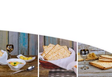 Yahudi Fısıh sıcak ev yapımı matzo topu kolaj farklı resimler bir kase çorba