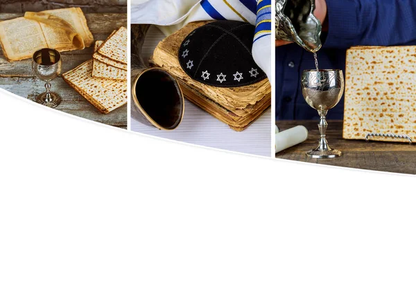 Vino Kosher Con Plato Blanco Matzá Matza Collage Pascua Diferentes —  Fotos de Stock