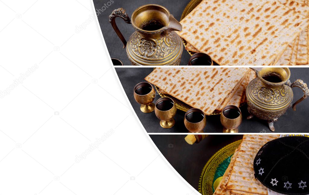 Matzot and red wine four glasses of symbols of Passover Collage different pictures