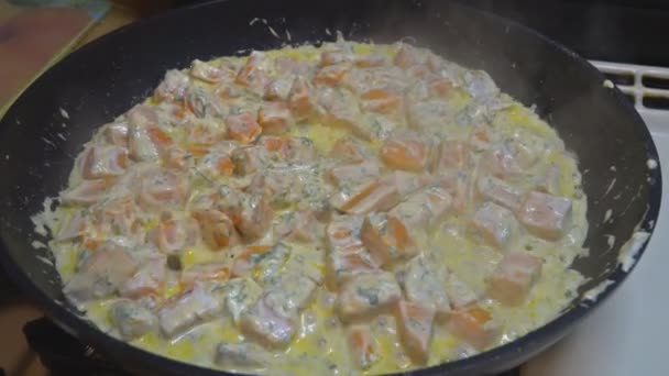 铁煎锅里的肉酱南瓜, 准备烹饪 — 图库视频影像