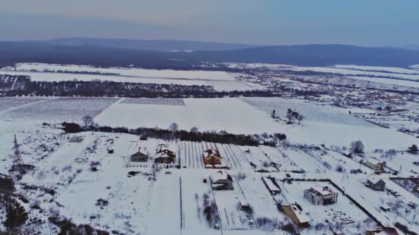 La vista aérea una zona residencial después de una tormenta de nieve a la vista del pájaro — Vídeos de Stock