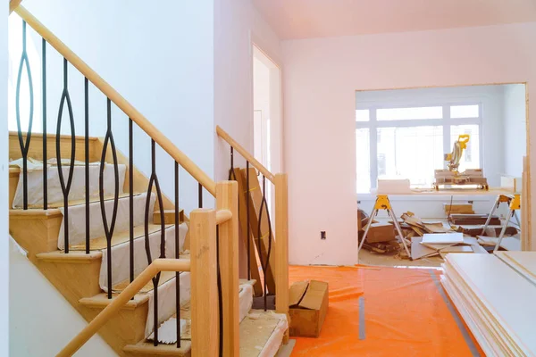 Interior construction of housing project with drywall installed door for a new home before installing