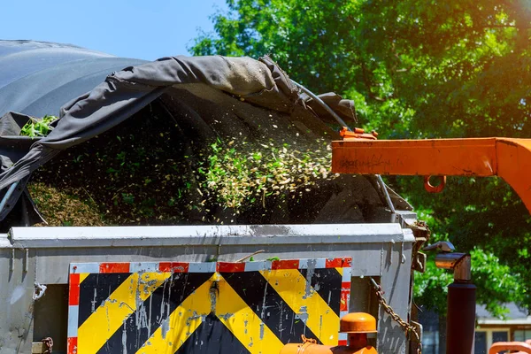 Hout Chipper versnipperen een draagbare machine boom in een vrachtwagen — Stockfoto