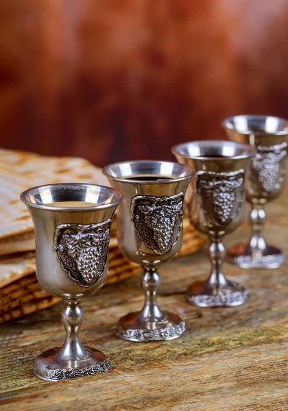 Red kosher wine four of matzah or matza Passover Haggadah — Stock Photo, Image