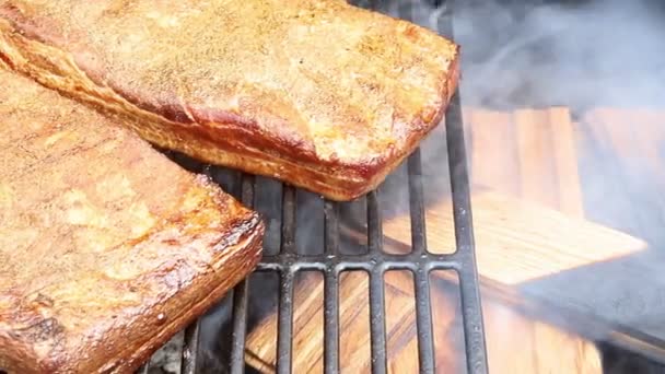 Grillad bacon på träkol grillning i elden bacon utanför, Picnic Concept. — Stockvideo