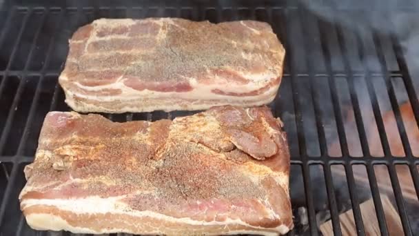 Varios ahumado barbacoa a la parrilla de tocino cocinado en la parrilla de humo, de cerca — Vídeo de stock