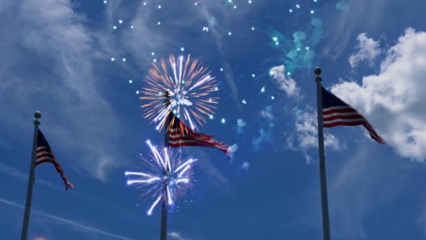Amerika Serikat Amerika Serikat bendera Amerika Serikat dengan ireworks pada latar belakang bendera Amerika Serikat Hari Kemerdekaan — Stok Video