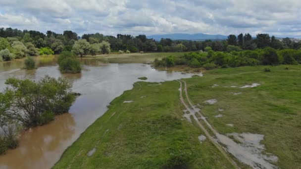 Inundación de ríos inundación de prados un cielo nublado — Vídeos de Stock