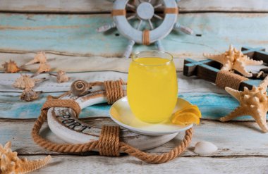 Konsept yaz tatili aralığı suyu ve kabukları