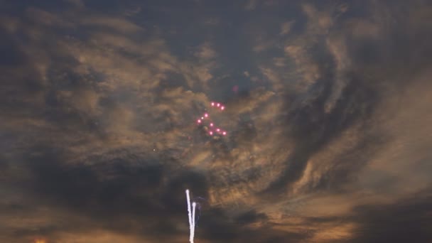 Coloridos fuegos artificiales en el fondo del atardecer del día de la independencia — Vídeos de Stock