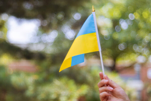 Female hand with a blue and yellow flag Ukraine Independence Day
