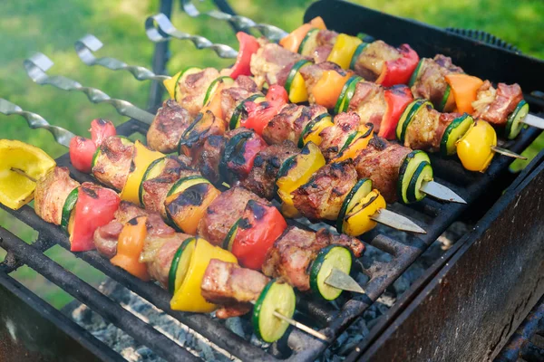Carne fresca apetecible shish kebab preparado parrilla madera —  Fotos de Stock