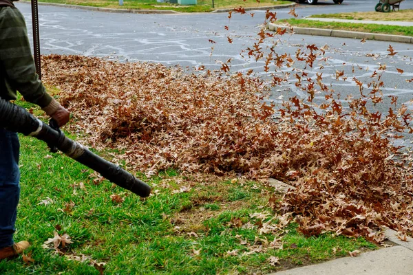 Homme au travail souffle feuilles d'automne jaune et rouge tombé dans la cour de nettoyage avec éolienne, nettoyage de la pelouse — Photo