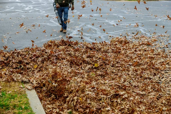 Man working with leaf blower the leaves are being swirled up and down on a sunny day — Stock Photo, Image