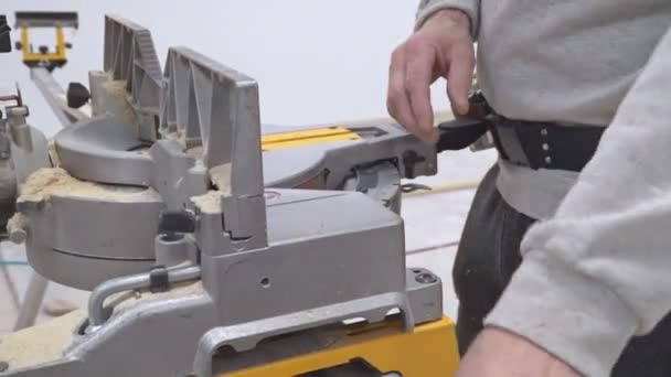Yakışıklı marangoz ahşap yüklerken bir daire testere kullanarak — Stok video