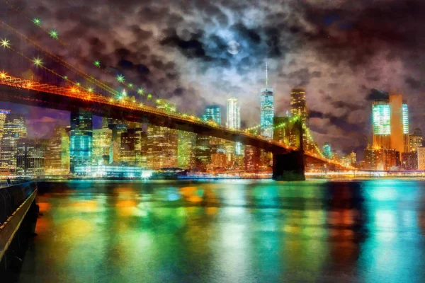 Brooklyn-híd és a Manhattan látképének éjszaka, New York City — Stock Fotó