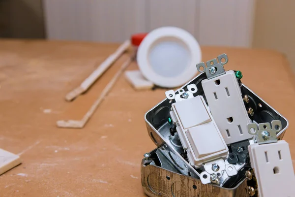 Electrical socket and switch close-up on installation, replacement — Stock Photo, Image