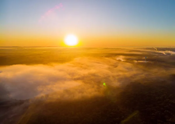 Pejzaż mglisty panorama fantastyczny senny wschód słońca na mglistych chmurach nad lasem. — Zdjęcie stockowe