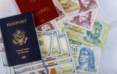 Ukrayna biyometrik pasaport ve Abd doları ve para banknotlar üzerinde Macar pasaportu para forints