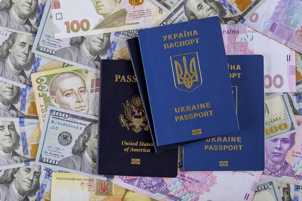 Заграничный паспорт гражданина Украины с двойным гражданством Банкноты гривны США и доллары США — стоковое фото