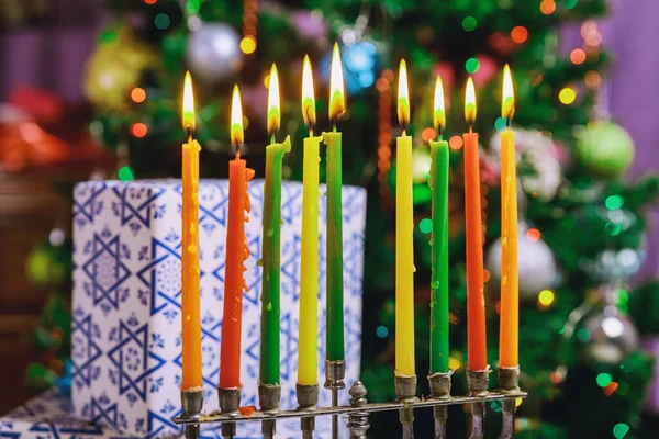 Jewish holiday Hanukkah with menorah traditional candelabra burning candles — Stock Photo, Image