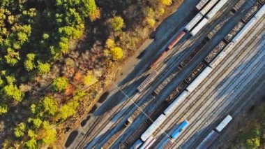 Demiryolu yük treni platformu boyunca büyülü bir sonbahar.
