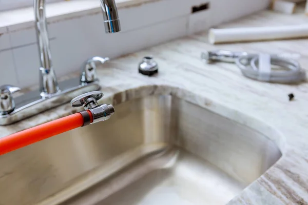 Plumber Pipe Connection Sink Installation Faucet Kitchen Granite Countertops — Stock Photo, Image
