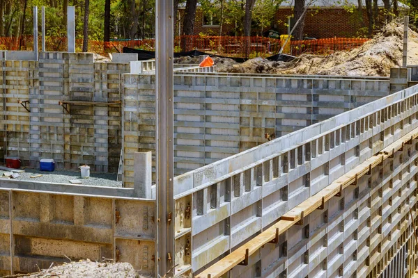 Construindo Fundação Cofragem Construção Solo Para Colunas Concreto Vigas Paredes — Fotografia de Stock