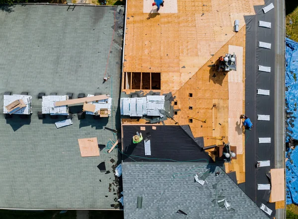 Roofer Nailing Shingles Air Gun Replacing Roof Cover Protection Being — Stock Photo, Image