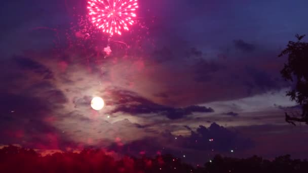 Colorido de fogos de artifício no festival de férias da mostra Dia da Independência 4 de julho Vista panorâmica do céu dramático lua cheia — Vídeo de Stock