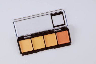 Pastel bej renkli göz farı seti palet kahverengi mat gölgeleri, izole edilmiş beyaz arka planda makyaj ürününü kapat